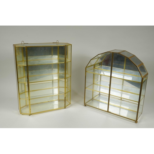 186 - Two mirror back brass display cases, largest 29 x 36cm