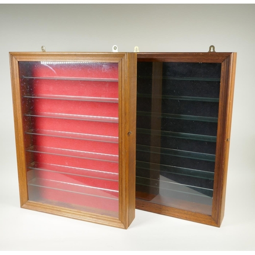 187 - A pair of bespoke hanging display cabinets with baize back, 46 x 61cm