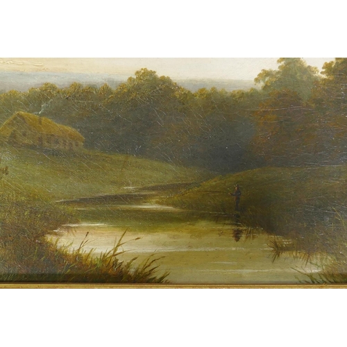 861 - Landscape with fishermen on a river, unsigned, oil on canvas, relined and mounted in a gallery frame... 