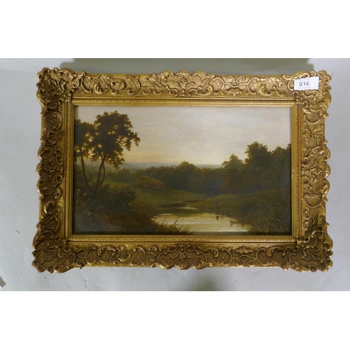 861 - Landscape with fishermen on a river, unsigned, oil on canvas, relined and mounted in a gallery frame... 