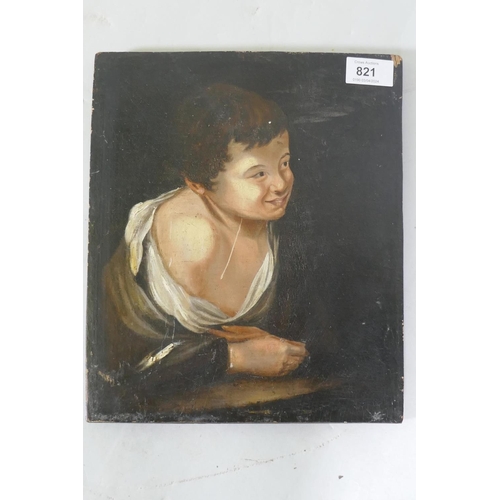 869 - Boy leaning on a ledge, C18th/C19th, unsigned, oil on panel, 25 x 29cm