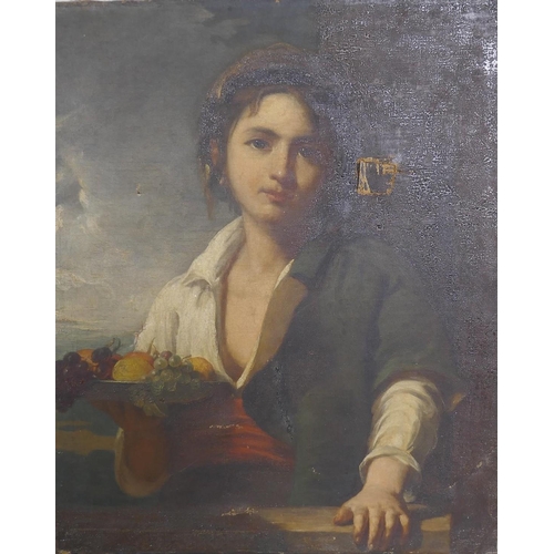 831 - Boy with a bowl of fruit, unsigned, late C18th/early C19th, oil on canvas, AF 64 x 76.5cm