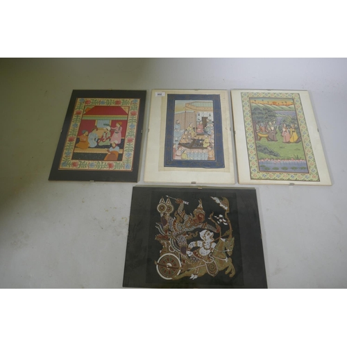 865 - Three Indian watercolours on silk, 24 x 35cm, and a batik