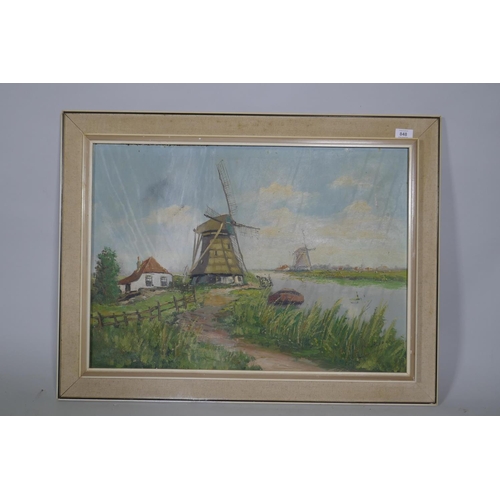 859 - Dutch School, canal scene with windmills, signed, mid C20th, oil on canvas, 70 x 50cm