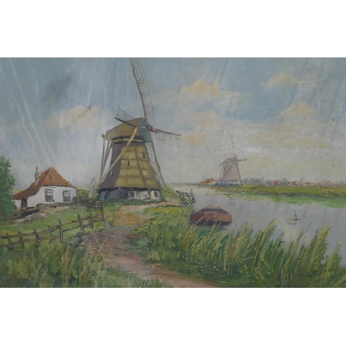 859 - Dutch School, canal scene with windmills, signed, mid C20th, oil on canvas, 70 x 50cm