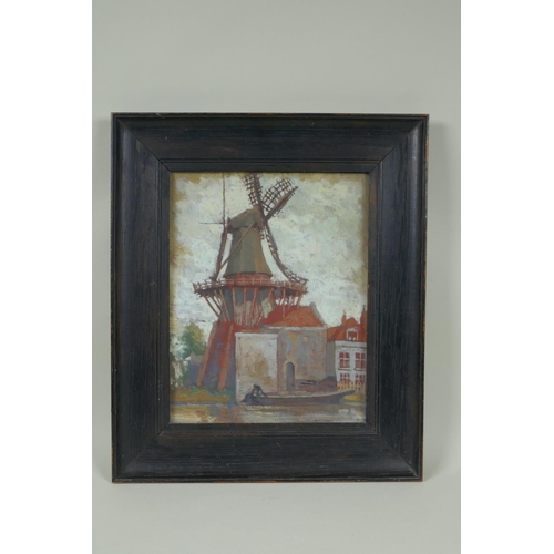 860 - Arthur E. Law, Dutch canal scene with a windmill, oil on canvas board, 1925, 22 x 27cm