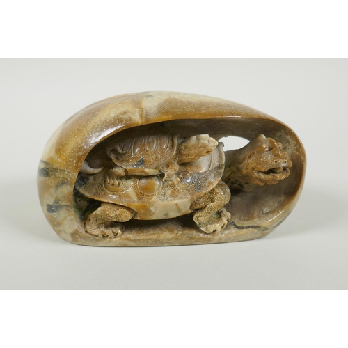 327 - A Chinese reconstituted stone carving of a tortoise and its young, 17cm long