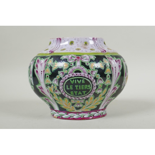 328 - A C19th French faience pot pouri emblazoned with a political slogan Vive le Tiers Etat, marked M. Pa... 