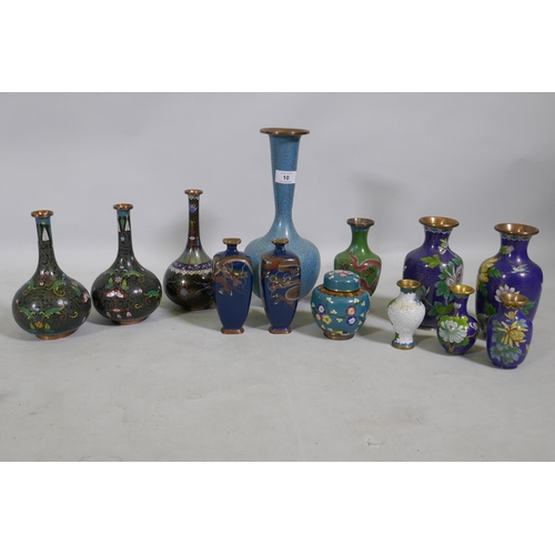 10 - A collection of Chinese cloisonne vases with dragon and floral decoration, largest 31cm high