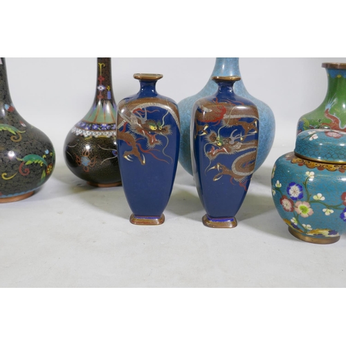 10 - A collection of Chinese cloisonne vases with dragon and floral decoration, largest 31cm high