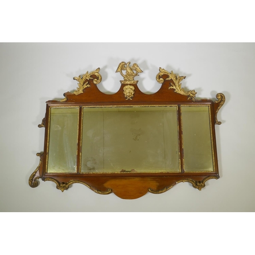 1010 - A C19th triple panel overmantel mirror with parcel gilt mouldings, AF losses, 130 x 96cm