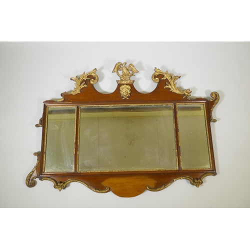 1010 - A C19th triple panel overmantel mirror with parcel gilt mouldings, AF losses, 130 x 96cm