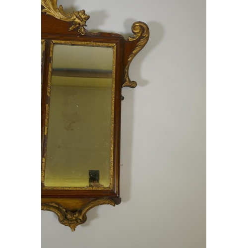 1010 - A C19th triple panel overmantel mirror with parcel gilt mouldings, AF losses, 130 x 96cm