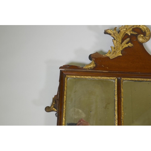 1010 - A C19th triple panel overmantel mirror with parcel gilt mouldings, AF losses, 130 x 96cm