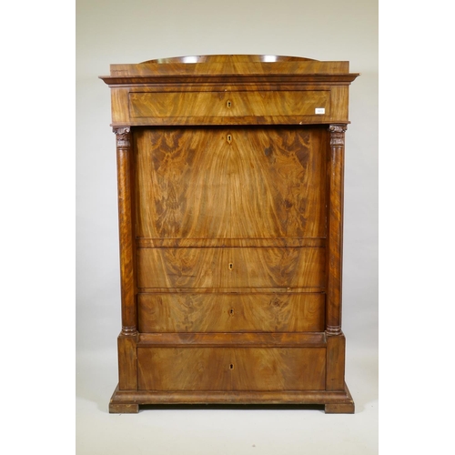 1013 - A C19th Danish figured mahogany secrétaire à abattant,  in two sections, the top ... 