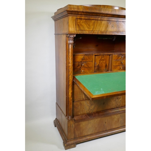 1013 - A C19th Danish figured mahogany secrétaire à abattant,  in two sections, the top ... 