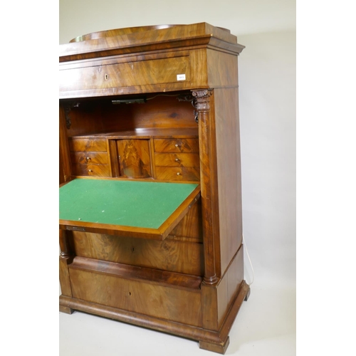 1013 - A C19th Danish figured mahogany secrétaire à abattant,  in two sections, the top ... 