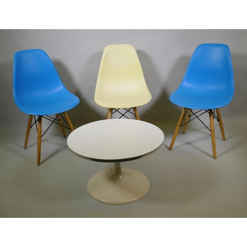 1036 - A set of three Eames style dining chairs and a small occasional table