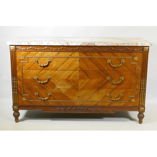 1042 - A French Louis XV  style three drawer commode with breccia marble top and brass mounts and handles, ... 