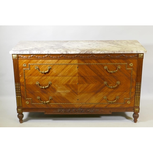 1042 - A French Louis XV  style three drawer commode with breccia marble top and brass mounts and handles, ... 