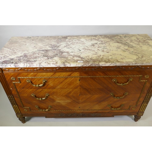 1042 - A French Louis XV  style three drawer commode with breccia marble top and brass mounts and handles, ... 