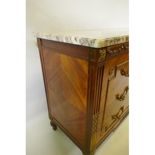 1042 - A French Louis XV  style three drawer commode with breccia marble top and brass mounts and handles, ... 