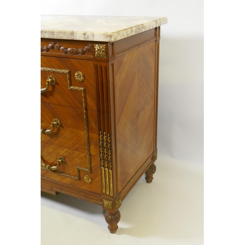 1042 - A French Louis XV  style three drawer commode with breccia marble top and brass mounts and handles, ... 