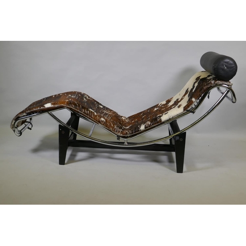 1044 - After Le Corbusier, a Cassina type LC4 chaise longue, upholstered in pony hide on a chrome frame and... 