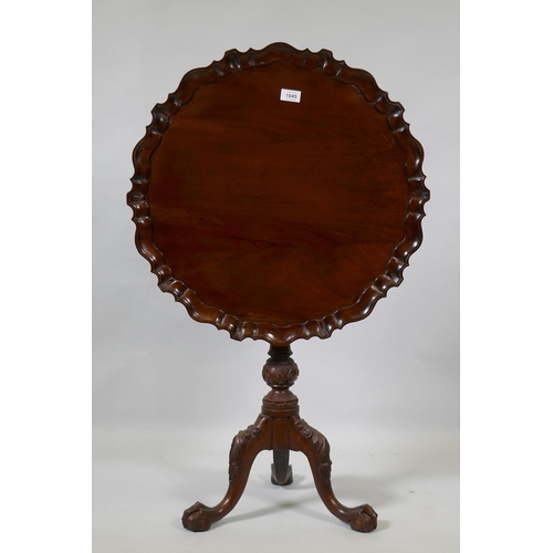 1045 - A Georgian style mahogany tilt top occasional table with piecrust top and birdcage movement, raised ... 