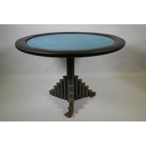 1046 - A custom games/poker table with welded steel base, 74cm high, 112cm diameter