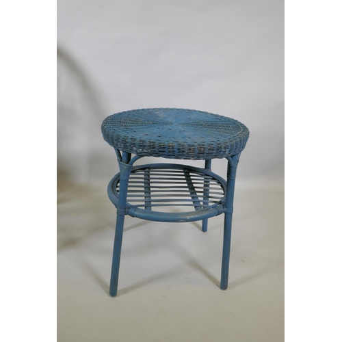 1048 - A vintage bamboo cane open armchair and a painted can and bamboo side table