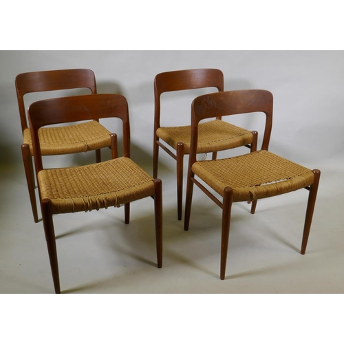 1057 - A set of four Danish mid century teak dining chairs, model No. 75 by Nils Moller, with sea grass sea... 