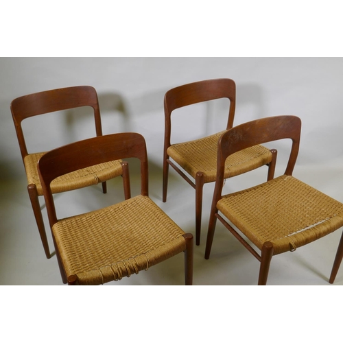 1057 - A set of four Danish mid century teak dining chairs, model No. 75 by Nils Moller, with sea grass sea... 