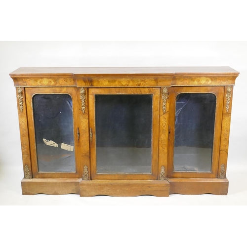 1065 - A Victorian marquetry inlaid breakfront walnut credenza with moulded frieze top over three arched gl... 