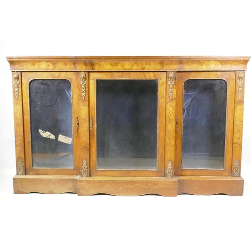 1065 - A Victorian marquetry inlaid breakfront walnut credenza with moulded frieze top over three arched gl... 