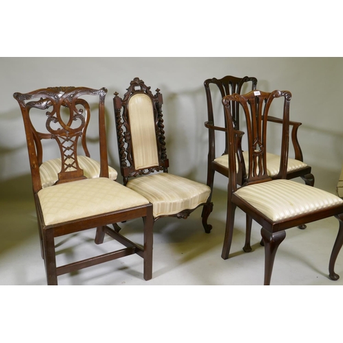 1095 - A Chippendale style elbow chair, two standard chairs, a balloon back and walnut high back nursing ch... 