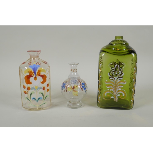 11 - Two C18th/C19th enamelled Stiegel type glass bottles and a similar type perfume bottle, largest 18cm... 