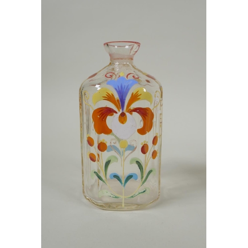 11 - Two C18th/C19th enamelled Stiegel type glass bottles and a similar type perfume bottle, largest 18cm... 