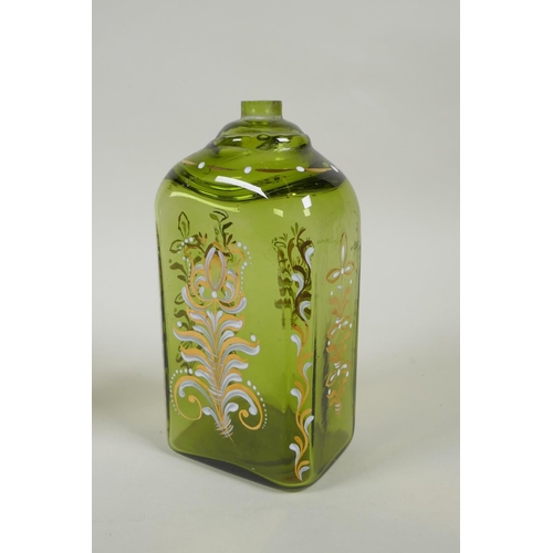 11 - Two C18th/C19th enamelled Stiegel type glass bottles and a similar type perfume bottle, largest 18cm... 