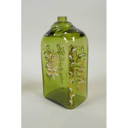 11 - Two C18th/C19th enamelled Stiegel type glass bottles and a similar type perfume bottle, largest 18cm... 