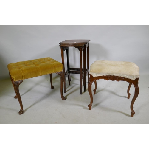 1127 - A carved walnut stool with buttoned top, a serpentine shaped stool raised on cabriole supports and a... 