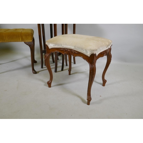 1127 - A carved walnut stool with buttoned top, a serpentine shaped stool raised on cabriole supports and a... 