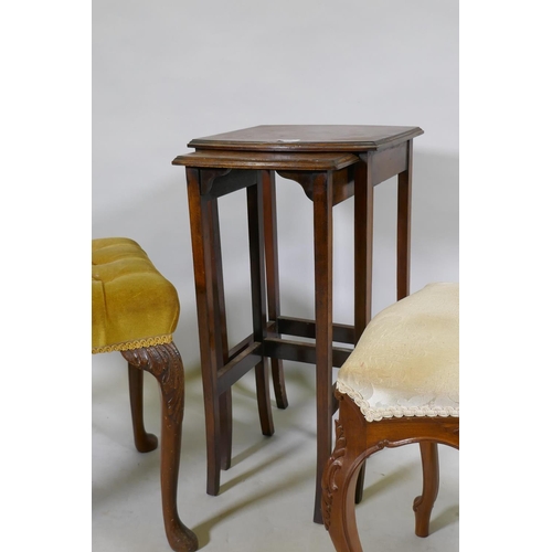 1127 - A carved walnut stool with buttoned top, a serpentine shaped stool raised on cabriole supports and a... 