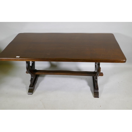 1128 - An oak veneered refectory style table, 153 x 77 x 74cm