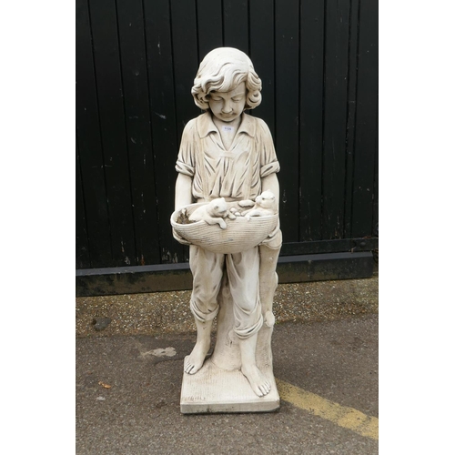 1135 - A painted reconstituted stone/concrete garden figure, boy with two puppies, 120cm high