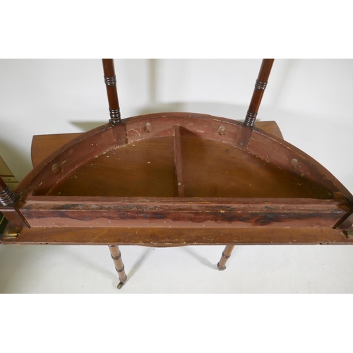 1138 - A pair of Georgian mahogany demi lune side tables with moulded edge tops, raised on ring turned tape... 