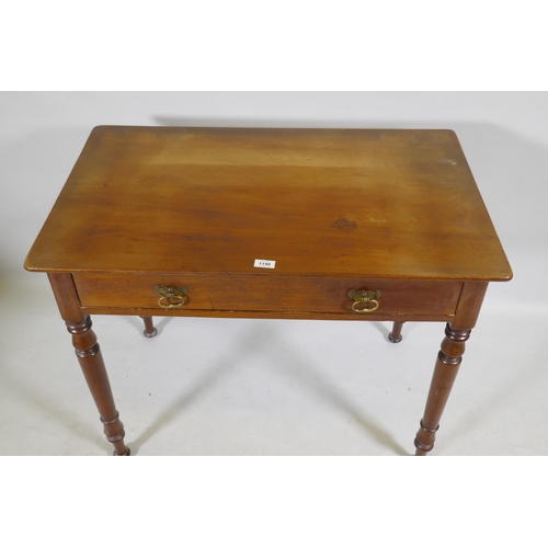 1140 - A Victorian mahogany single drawer side/writing table, raised on turned supports, 91 x 56 x 75cm