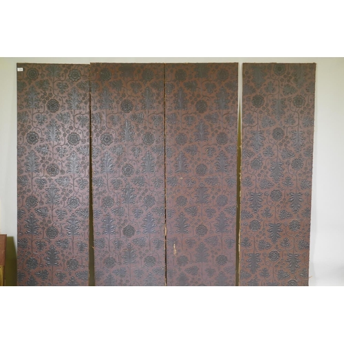 1150 - Four antique faux leather screen panels, painted embossed paper, laid on canvas, each panel 174 x 53... 