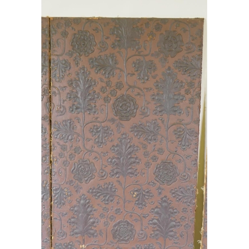 1150 - Four antique faux leather screen panels, painted embossed paper, laid on canvas, each panel 174 x 53... 