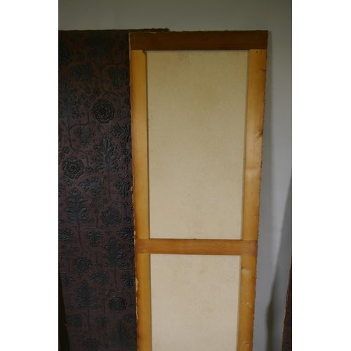 1150 - Four antique faux leather screen panels, painted embossed paper, laid on canvas, each panel 174 x 53... 